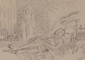 Woman (Kitty) laying on a bed with her eyes closed. There is a floral pattern on the cover and a coat handing in the background.