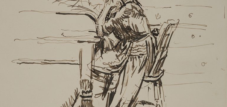 Drawing of a girl seated at a desk with her hands clasped under her chin