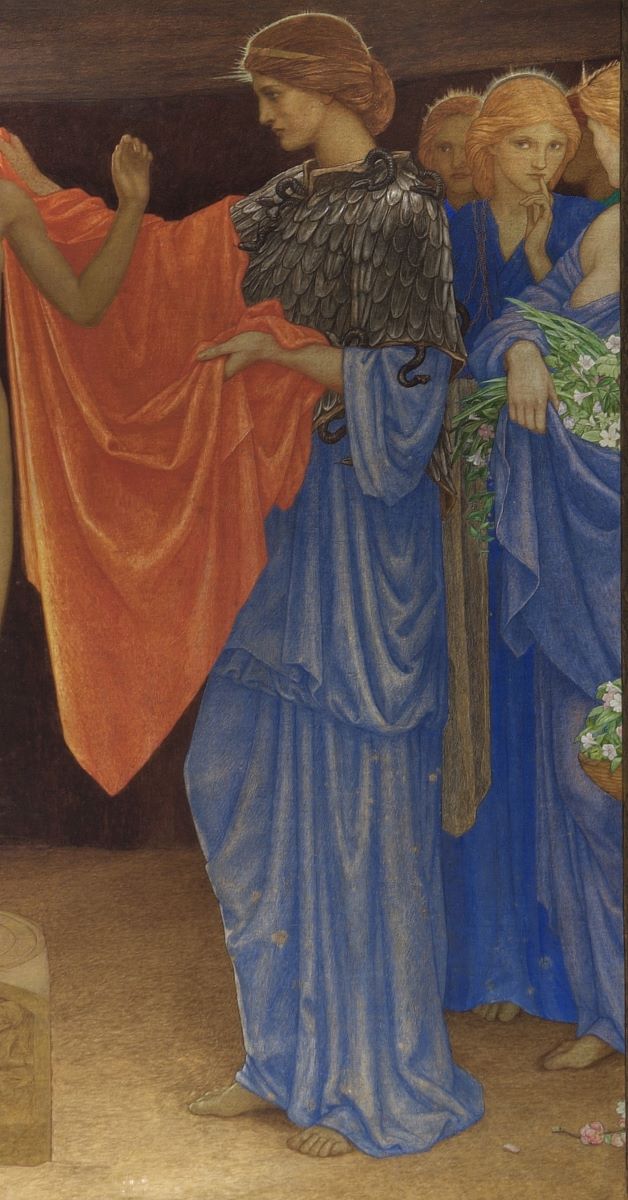 Athena, in a blue dress with armoured top, holding a orange cloth. There are several female figures to the right.