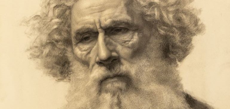 A head and shoulders study of an elderly man with curly hair, full beard and a moustache, wearing a dark garment.