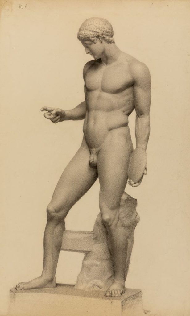 A front view of the Discophoros sculpture, drawn from an antique sculpture or cast.